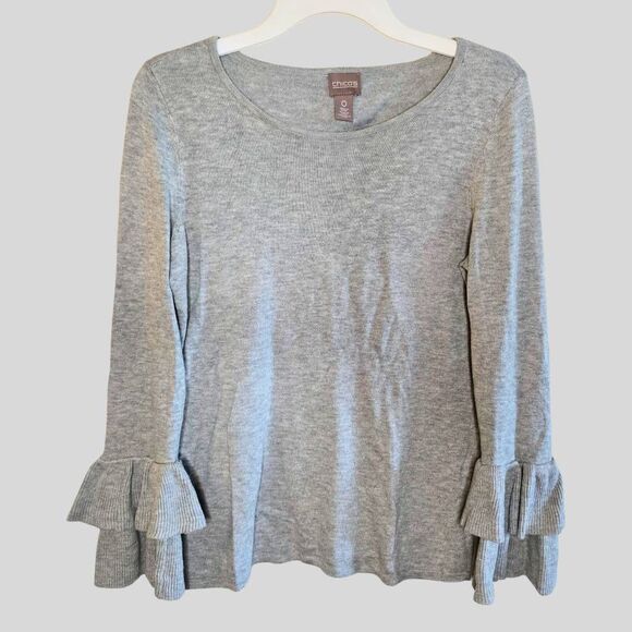 Chico’s Top Women’s 0 Small Gray Knit Tiered Bell Sleeve Scoop Neck Lightweight - Picture 1 of 10